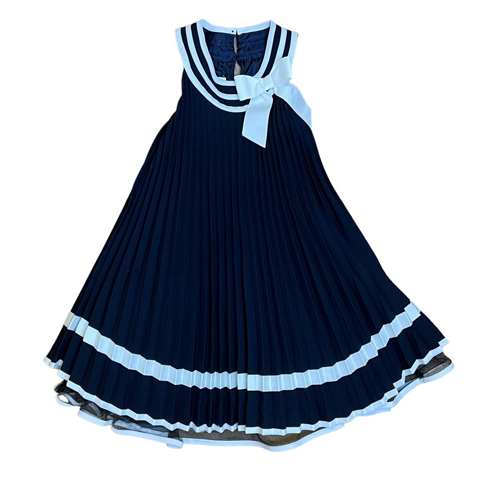 Bonnie Jean Girls SZ 4 Navy Blue & White Nautical Sailor Dress Tulle Crinkle